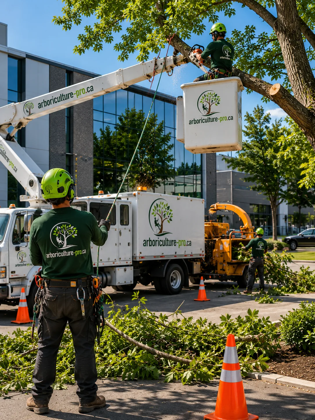 Nacelle élaguant un arbre devant un immeuble commercial